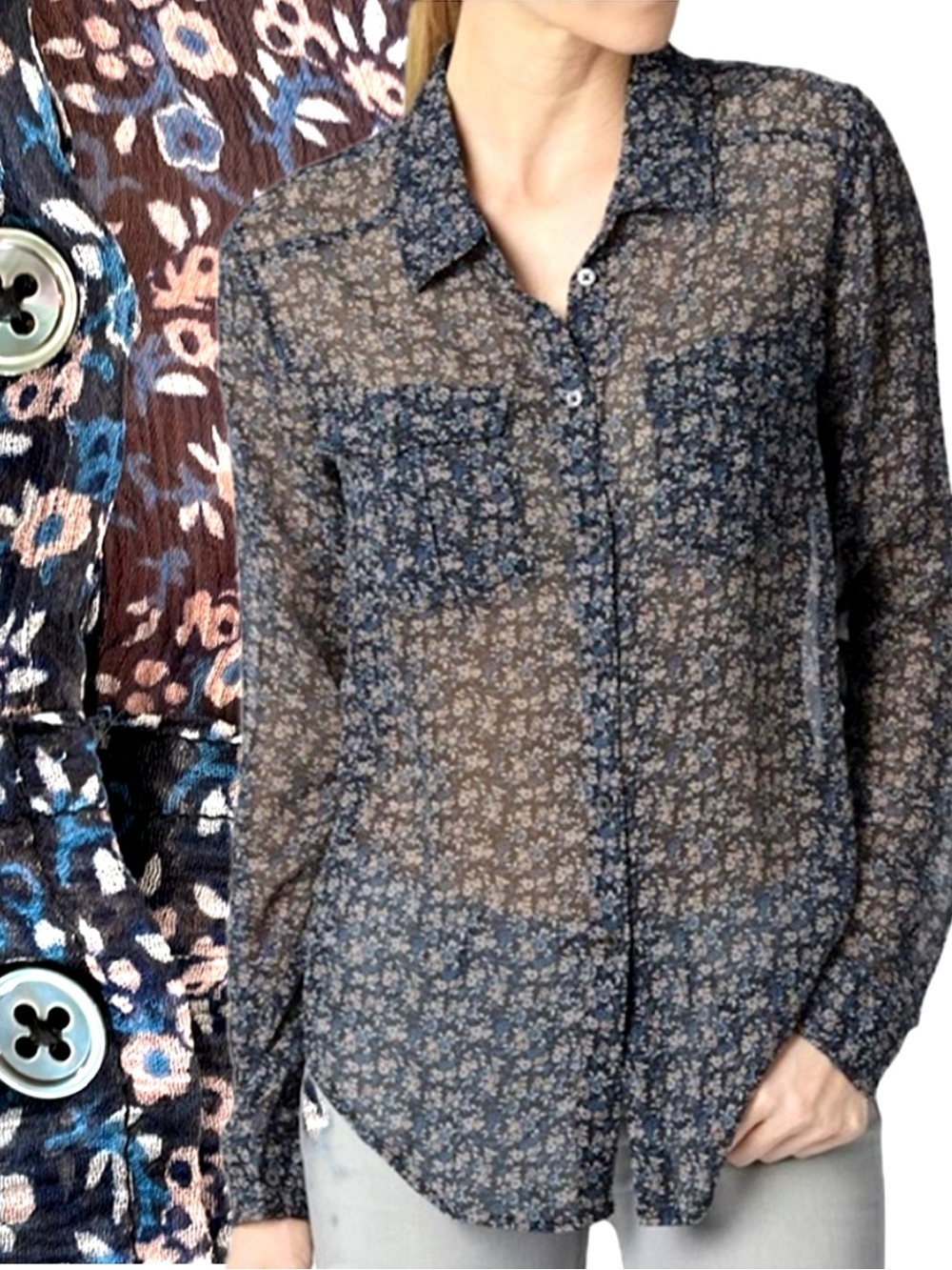 Paige 100% Silk Floral Long Sleeve Button Shirt Womens Size XS Sheer Crinkled